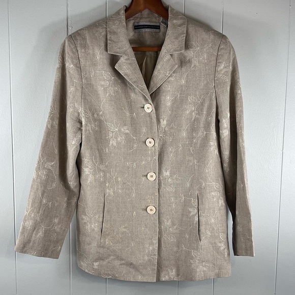 Amanda Smith Petites Pure Linen Jacket Blazer Beige Embroidered Size 12P - Picture 3 of 16